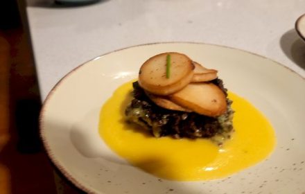 Chef Simon Zatyrka Seared King Brown mushroom, “dirty” Forbidden Rice, sweet corn emulsion