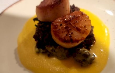Chef Simon Zatyrka Seared Scallop, “dirty” Forbidden Rice, sweet corn emulsion