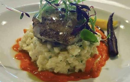 Chef Jamila Bowen Black Cod, Lemon Risotto, Roasted Red Pepper Sauce