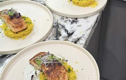 Chef Miguel Narvaez Blackened Salmon, Greek Lemon Rice, Tzatziki