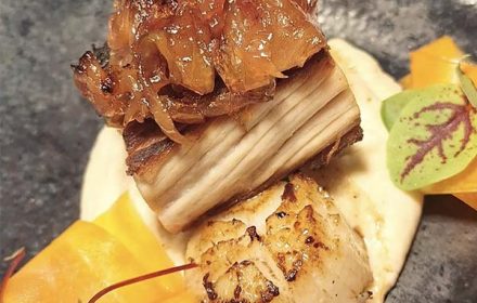 Christopher Powell Pan Fried Scallops, Pork Belly, Onion Marmalade, Cauliflower, Carrot