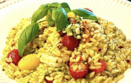 Chef Jackie Bullio Shrimp Pesto, Heirloom Tomatoes, Orzo