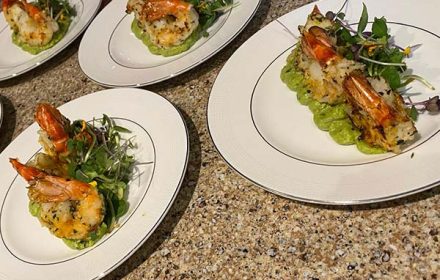 Chef Paul Rousom Grilled jumbo shrimp, avocado purée
