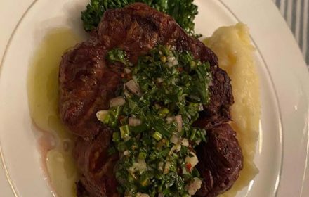 Chef Paul Rousom Seared beef tenderloin, Chimichurri sauce, mashed potatoes, broccolini