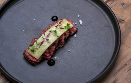 Chef Daragh Matheson Japanese wagyu A5, pickled cucumber, lemon sugar fleur de sel, soy gel