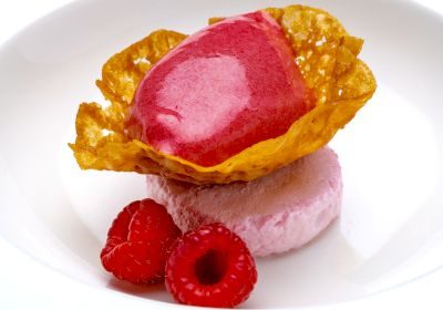 Chef Daragh Matheson Raspberry sorbet, tuile cup, raspberry solidified foam