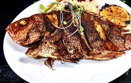Chef Kai Smith Fried Fish Dish with Rice and Charred Vegetable