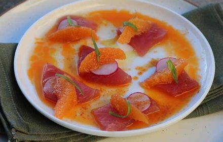Chef Molly Bidinost Ahi Tuna Crudo, Cara Cara Orange, Radish, Chili Citrus Vinaigrette