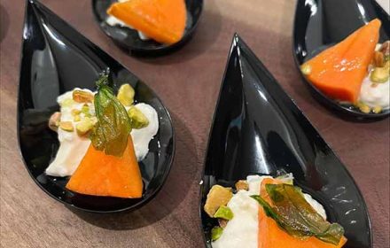 Chef Molly Bidinost Burrata, Persimmon, Fried Basil, Pistachio Vinaigrette Bites