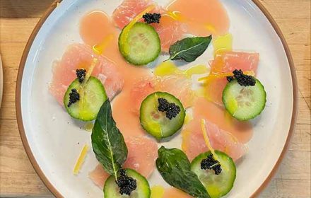 Chef Molly Bidinost Hamachi Tuna Crudo, Cucumber, Preserved Lemon, Caviar, Fried Basil, Blood Orange Brodo