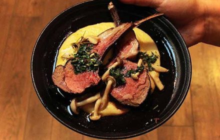 Chef Molly Bidinost Lamb Chop, Polenta, Pickled Mushrooms, Chimichurri