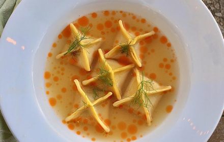 Chef Molly Bidinost Mortadella Tortellini in Brodo, Chili Oil, Fennel