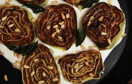 Chef Molly Bidinost Rotolo Bolo, Bechamel, Pine Nuts, Fried Basil