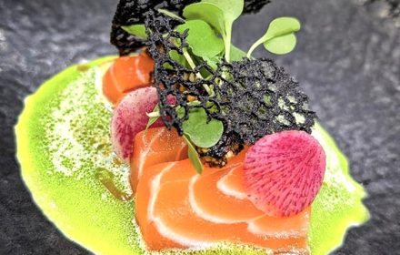 Chef Nathaniel Smouse Salmon Sashimi With Yoghurt, Shiso Oil, Peach, Radish