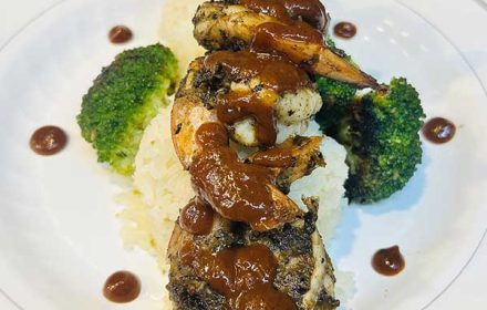 Chef Gastinel White Cajun Jerk Shrimp With Garlic Lime Rice And Sweet Broccoli