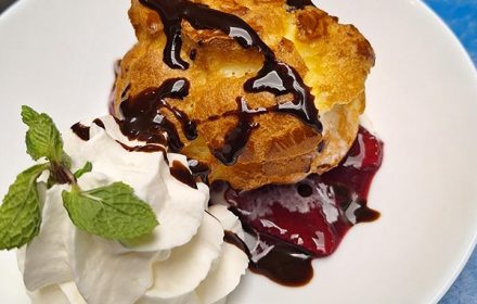 Chef Nicolas Desinai Profiterole, Chocolate Sauce, Berries Ganache