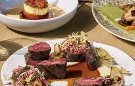 Chef Pepe Moncayo Beef Flank With A Fennel And Shallot Puree, Red Wine Reduction, And Herb Salad