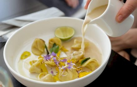 Chef Chi Nguyen Chicken tortellini with Thai kaffir lime coconut broth
