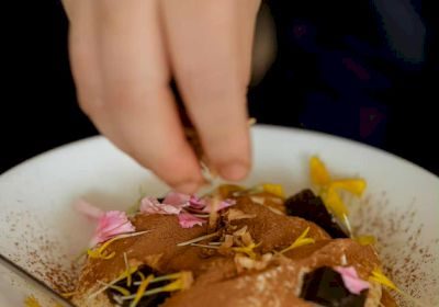 Chef Chi Nguyen Deconstructed Vietnamese coffee tiramisu with coffee jelly, edible flowers