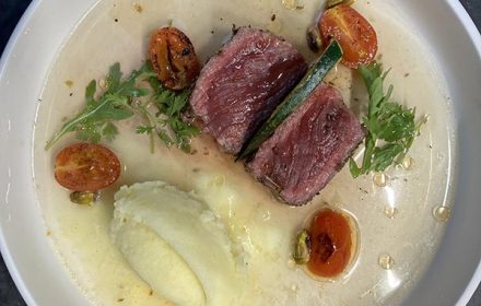 Chef Magdiale Wolmark Rare Zatar Grass Fed Strip Steak, Pistachio,Toasted Sesame Broth