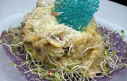 Chef Sabrina Alexandre Wild Mushroom Risotto With Parmesan, Microgreens & Rice Flour Tuile