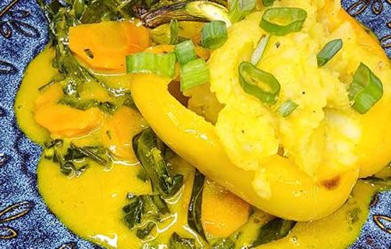 Chef Tami Murphy Curry Potato Stuffed Pepper With Turmeric Coconut Sauce And Greens
