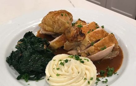 Chef Todd Bader Roast Chicken, Pan Gravy, Potato Puree, Sauteed Spinach
