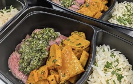 Chef Dell Brown Grilled steak chimichurri with roasted sweet potatoes and cilantro lime rice