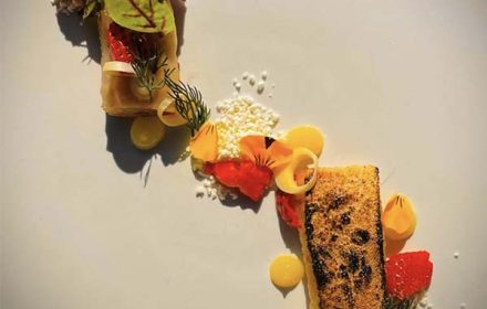 Chef Michael Leonard Cobia, Burnt Strawberry, Heart of Palm, Smoked Onion, Lemon