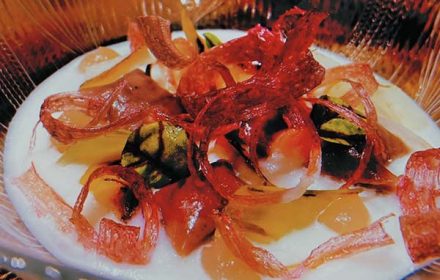 Chef Michael Leonard Rhubarb Gnocchi, Rhubarb Chips, Burnt Spring Onion, Turnip