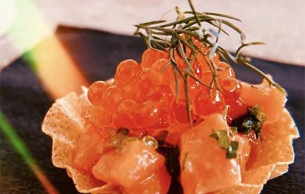 Chef Michael Leonard Salmon, Rhubarb, Strawberry, Yuzu, Smoked Trout Roe