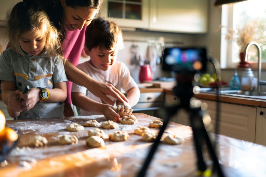 kids and mother learn to cook in an online cooking class