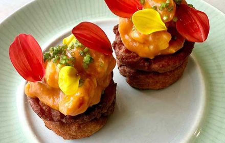 Chef David Makeri Black Eye Fritter, Roasted Pepper & Tomato Sabayon, Prawns, Cilantro Stems
