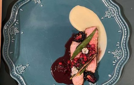 Chef David Makeri Heritage Pork Chope, Black Berries, Charred Okra, Berry & Jalapeno Sauce, Parsnip Puree