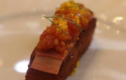Chef David Makeri Pomme Pave, Proscuito, Tomato Jam, Cured Egg Yolk