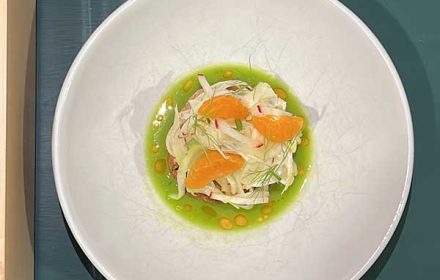 Chef David Makeri Prawn Fritter, Fennel Apple Salad, Mandarine, Cilantro Butter Sauce