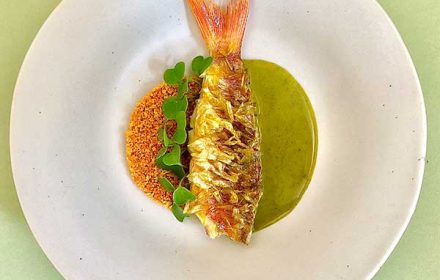 Chef James Porter Crispy Scale Red Mullet Kelp Butter Sauce, Crispy turmeric and radish