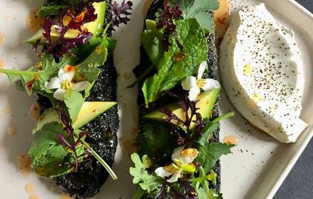 Chef James Porter Plantain “salad” crumbed plantain in charcoal, labneh, alleppoo chili syrup, avocado and herbs