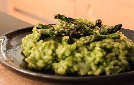 Chef Betty Coquillard white wine risotto reduced with an asparagus and spinach purée, topped with crunchy asparagus and lemon zest