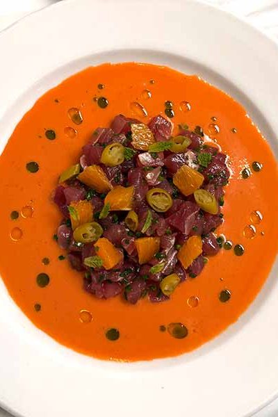 Chef Nick Adams bluefin tuna tartare with salmarejo &-citrus