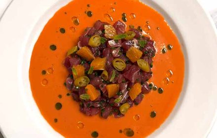 Chef Nick Adams bluefin tuna tartare with salmarejo &-citrus