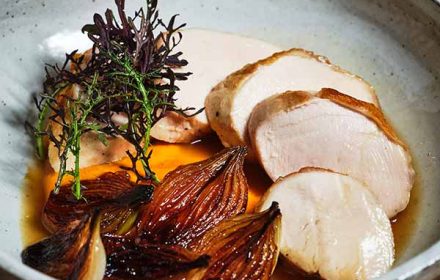 Chef Nick Adams chicken roulade, braised shallot & carrot aleppo butter