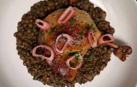 Chef Nick Adams duck confit with le puy lentils & pickled shallots
