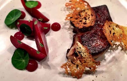 Chef Nick Adams pan seared foie & plums
