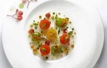 Chef Pierre Jorion Cherri tomato farcie with heart of tomatoes, water gel liés tomatoes and gazpacho