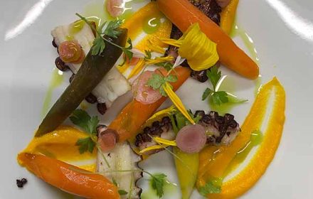 Chef Pierre Jorion octopus red wine and carrot puree