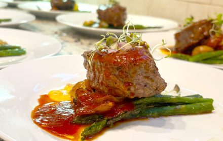 Grilled fillet, mignon burgundy, pearl onion, reduction from chef Kamal Hoyte