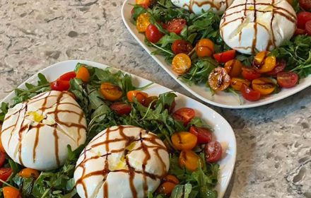 Burrata salad, arugula, cherry tomatoes, olive oil, basil, balsamic glaze by Chef Riccardo Smith